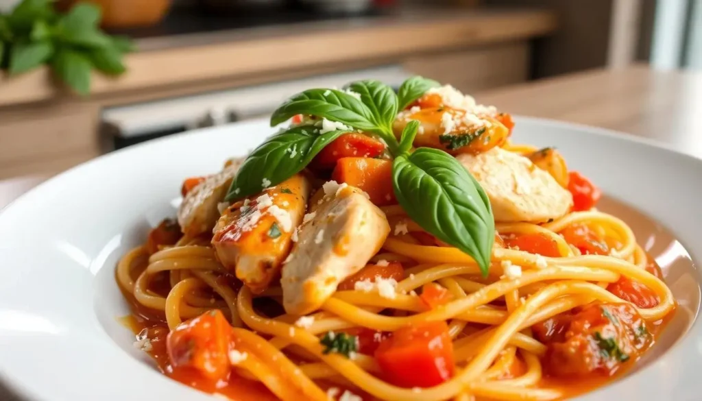 A plate of creamy chicken pasta with tender chicken pieces, rich sauce, and fresh herbs, served with parmesan cheese.