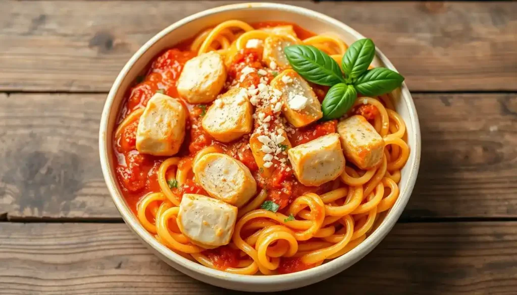 A plate of creamy chicken pasta with tender chicken pieces, rich sauce, and fresh herbs, served with parmesan cheese.