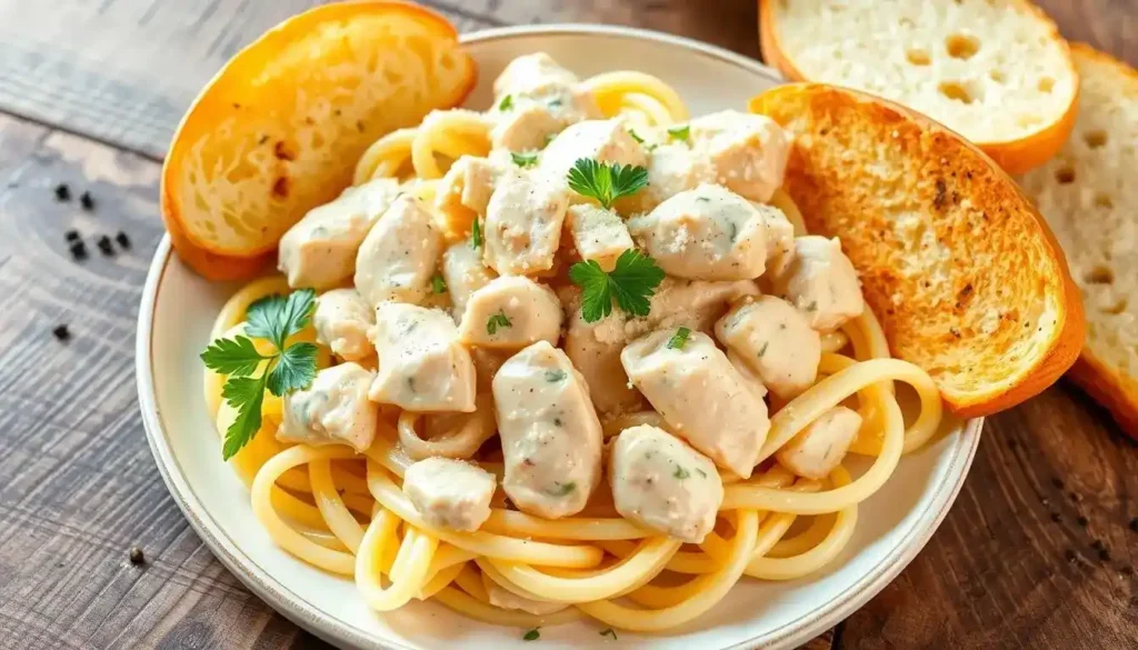 A plate of creamy chicken pasta with tender chicken pieces, rich sauce, and fresh herbs, served with parmesan cheese.