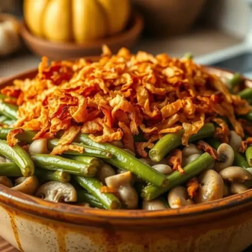 A classic green bean casserole recipe topped with crispy fried onions, baked to golden perfection, and served in a casserole dish.