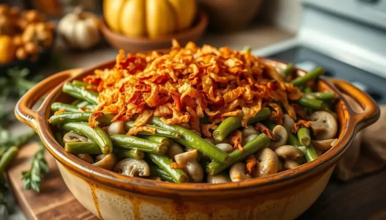 A classic green bean casserole recipe topped with crispy fried onions, baked to golden perfection, and served in a casserole dish.