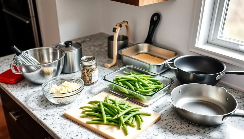 A classic green bean casserole topped with crispy fried onions, baked to golden perfection, and served in a casserole dish.