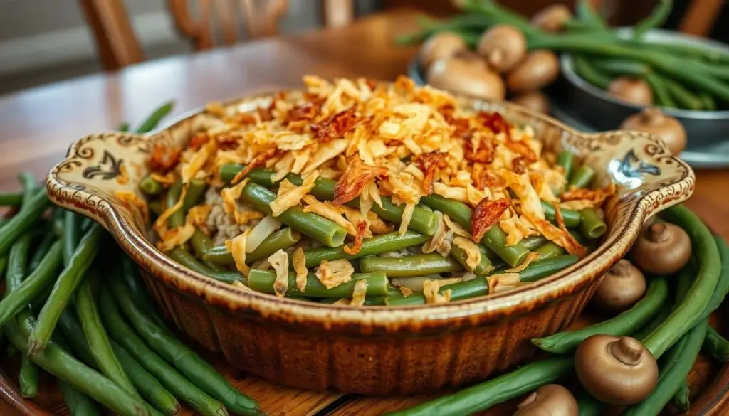 A classic green bean casserole topped with crispy fried onions, baked to golden perfection, and served in a casserole dish.