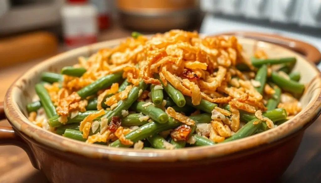 A classic green bean casserole topped with crispy fried onions, baked to golden perfection, and served in a casserole dish.