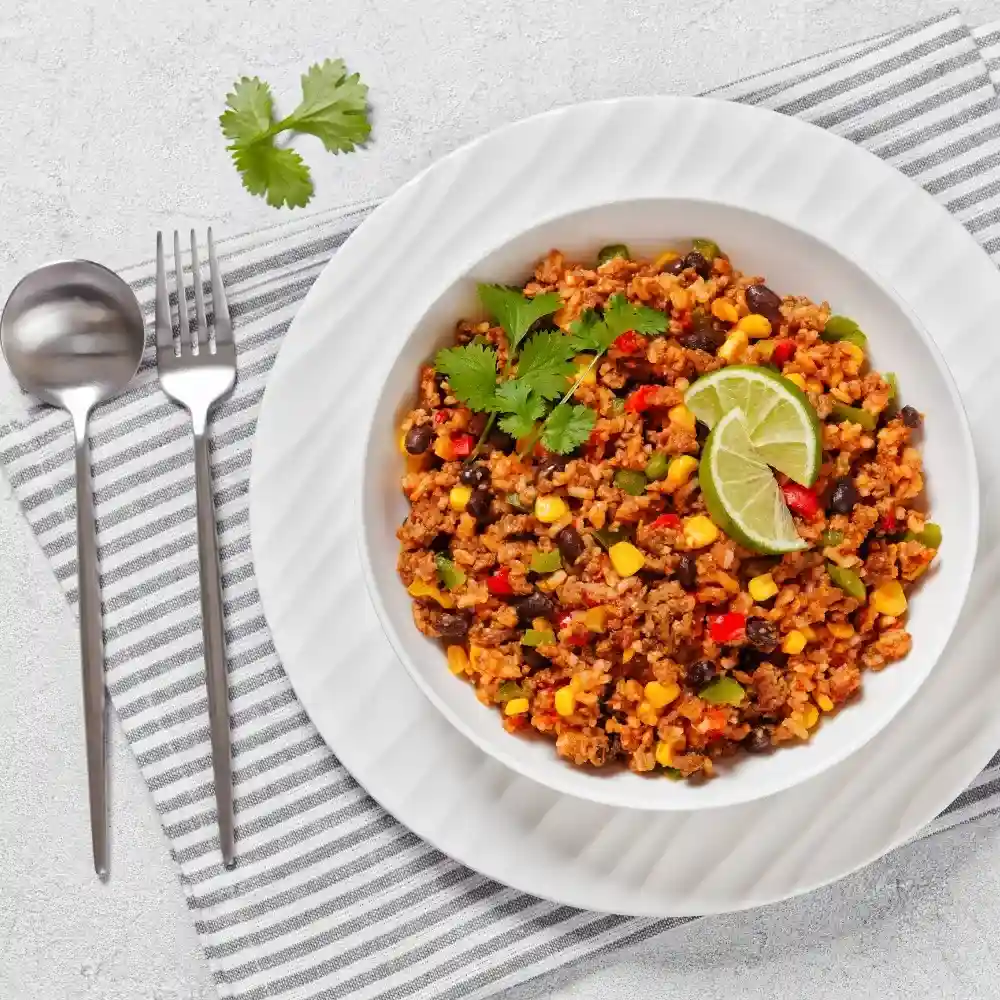 Mexican ground beef casserole with rice and beans for a hearty meal